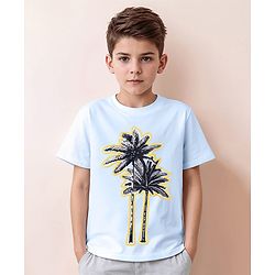 Pine Kids Half Sleeves Puff Print Bio Wash T-Shirt - Light Blue