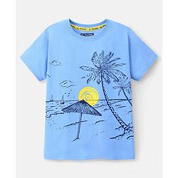 Pine Kids 100% Cotton Half Sleeves Biowashed T-Shirt Beach Print - Blue