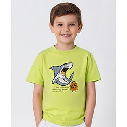 Pine Kids 100% Cotton Half Sleeves Biowashed T-Shirt Shark Print - Lime Green