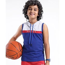 Pine Kids 100% Cotton Sleeveless Hooded Biowashed T-Shirt Colour Block Pattern - Limoges Blue