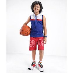 Pine Kids 100% Cotton Sleeveless Hooded Biowashed T-Shirt Colour Block Pattern - Limoges Blue