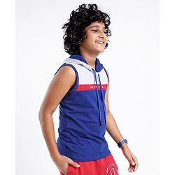 Pine Kids 100% Cotton Sleeveless Hooded Biowashed T-Shirt Colour Block Pattern - Limoges Blue