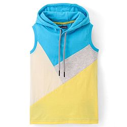 Pine Kids 100% Cotton Bio Washed Sleeveless Hooded T-Shirt Color Block- Blue & Yellow
