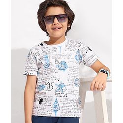 Pine Kids 100% Cotton Knit Half Sleeves Text Printed Biowashed T-Shirt - White & Blue