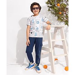 Pine Kids 100% Cotton Knit Half Sleeves Text Printed Biowashed T-Shirt - White & Blue