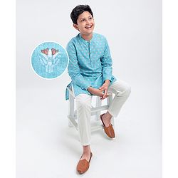 Pine Kids Full Sleeves Printed Kurta Pyjama Set - Turquoise
