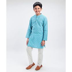 Pine Kids Full Sleeves Printed Kurta Pyjama Set - Turquoise