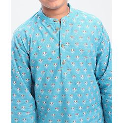 Pine Kids Full Sleeves Printed Kurta Pyjama Set - Turquoise