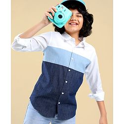 Pine Kids Cotton Full Sleeve Shirt Solid Color - White & Blue