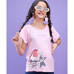 Pine Kids 100% Cotton Knit Frill Sleeves Bio Washed T-Shirt Sparrow Print - Pink