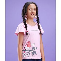 Pine Kids 100% Cotton Knit Frill Sleeves Bio Washed T-Shirt Sparrow Print - Pink