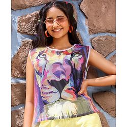 Pine kids 100% Cotton Sleeveless Mesh T-Shirt with Stretchable Camisole Lion Face Print - Purple & Yellow