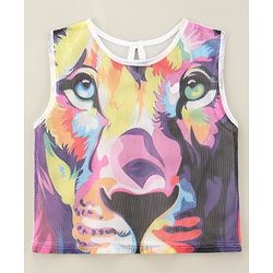 Pine kids 100% Cotton Sleeveless Mesh T-Shirt with Stretchable Camisole Lion Face Print - Purple & Yellow