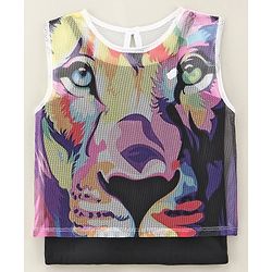 Pine kids 100% Cotton Sleeveless Mesh T-Shirt with Stretchable Camisole Lion Face Print - Purple & Yellow