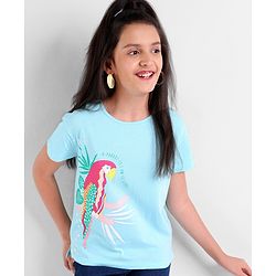 Pine Kids 100% Cotton Half Sleeves Biowashed T-Shirt Parrot Print - Blue
