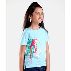 Pine Kids 100% Cotton Half Sleeves Biowashed T-Shirt Parrot Print - Blue