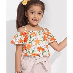 Pine Kids 100% Cotton Biowashed Off Shoulder T-Shirt - Orange