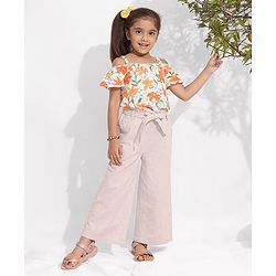 Pine Kids 100% Cotton Biowashed Off Shoulder T-Shirt - Orange