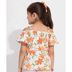 Pine Kids 100% Cotton Biowashed Off Shoulder T-Shirt - Orange
