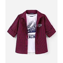 Pine Kids Full Sleeves Checked Shirt With Chest Print Inner T-shirt - Maroon