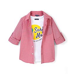 Pine Kids 100% Cotton Full Sleeves Checked Shirt with Chest Print Inner T-Shirt - Red