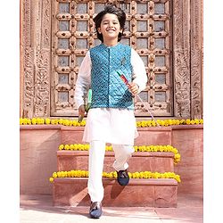 Pine Kids Cotton Full Sleeves Kurta Pyjama Set with Bandi Diamond Print - Blue & White