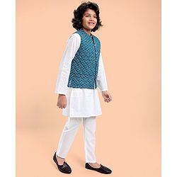 Pine Kids Cotton Full Sleeves Kurta Pyjama Set with Bandi Diamond Print - Blue & White