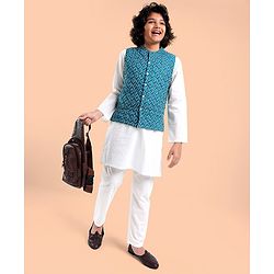 Pine Kids Cotton Full Sleeves Kurta Pyjama Set with Bandi Diamond Print - Blue & White