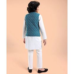 Pine Kids Cotton Full Sleeves Kurta Pyjama Set with Bandi Diamond Print - Blue & White