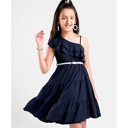 Pine Kids Sleeveless Party Frock With Foil & Glitter Print - Navy Blue