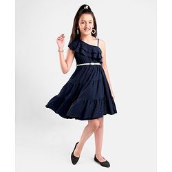 Pine Kids Sleeveless Party Frock With Foil & Glitter Print - Navy Blue
