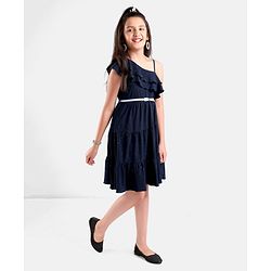 Pine Kids Sleeveless Party Frock With Foil & Glitter Print - Navy Blue