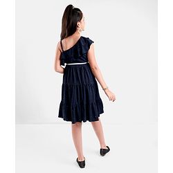 Pine Kids Sleeveless Party Frock With Foil & Glitter Print - Navy Blue