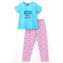 Pine Kids Cotton Half Sleeve Text Print Night Suit - Blue & Pink
