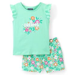 Pine Kids 100% Cotton Half Sleeves Top & Shorts Set Floral Print - Green