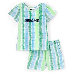 Pine Kids 100% Cotton Half Sleeves Nightwear Shorts Set Dreams Print - Green White & Blue