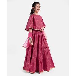 Pine Kids All Over Printed Tiered Lehenga with Cape Choli Set- Dark Pink