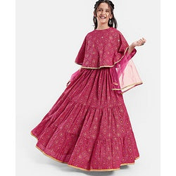 Pine Kids All Over Printed Tiered Lehenga with Cape Choli Set- Dark Pink