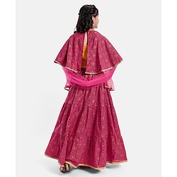 Pine Kids All Over Printed Tiered Lehenga with Cape Choli Set- Dark Pink