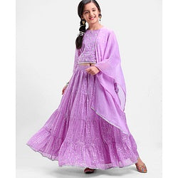 Pine Kids 100% Cotton Woven Half Sleeves Mirror Work Tiered Lehenga Choli Set - Lavender