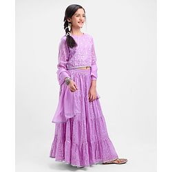 Pine Kids 100% Cotton Woven Half Sleeves Mirror Work Tiered Lehenga Choli Set - Lavender