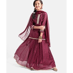 Pine Kids Three Fourth Sleeves Zari Design Lehenga & Choli Set - Wine