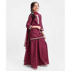 Pine Kids Three Fourth Sleeves Zari Design Lehenga & Choli Set - Wine