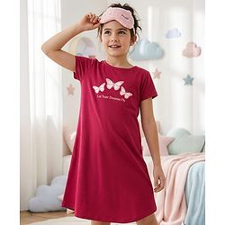 Pine Kids 100% Cotton Knit Half Sleeves Knee Length Night Gown Butterfly Print - Persian Red