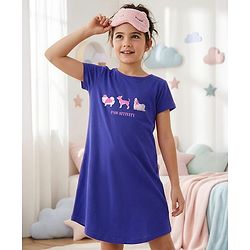 Pine Kids 100% Cotton Knit Half Sleeves Knee Length Night Gown Puppy Print - Blue