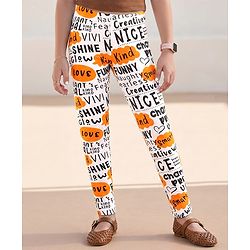 Pine Kids Cotton Spandex Leggings Text Printed - Bright White With Yellow
