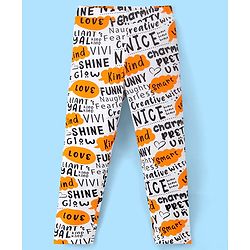 Pine Kids Cotton Spandex Leggings Text Printed - Bright White With Yellow