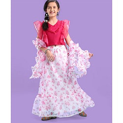 Pine Kids Half Sleeves Choli & Tiered Lehenga  with Dupatta Floral Print - Pink