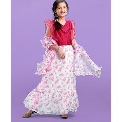 Pine Kids Half Sleeves Choli & Tiered Lehenga  with Dupatta Floral Print - Pink