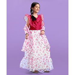 Pine Kids Half Sleeves Choli & Tiered Lehenga  with Dupatta Floral Print - Pink
